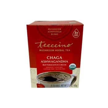 Teeccino Chaga Ashwagandha Herbal Tea Butterscotch Cream 10 teabags